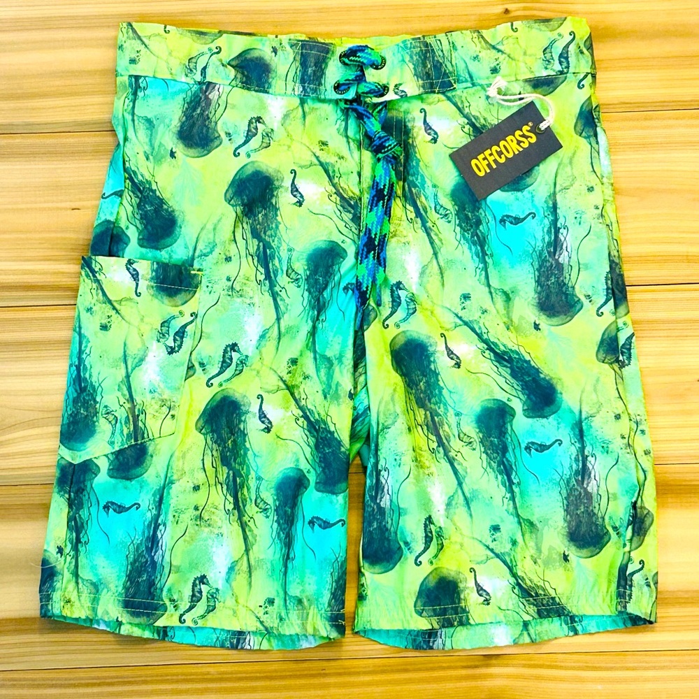 NEW OFFCORSS Boys Swim Trunks Size 10 Green Jellyfish and Seahorses NWT